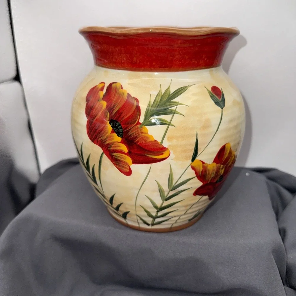 Vase by Pier 1  Poppies Utensil Holder / Vase Hand-Painted Earthenware 7